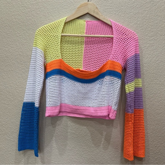 Women's Bright Colorblock Crochet Festival Sweater Boho - Picture 3 of 6